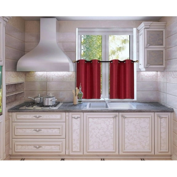 N25 Burgundy 1-Set Light Filtering Kitchen Window Curtain, 2 Faux Silk Tier Panels With Bronze Grommets on Top