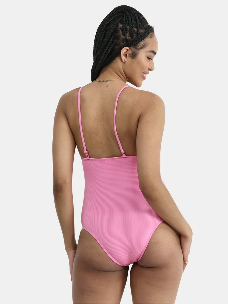 Eé tee rib tight onepiece border No Boundaries Ribbed Lace Up One-Piece Swimsuit, Women's