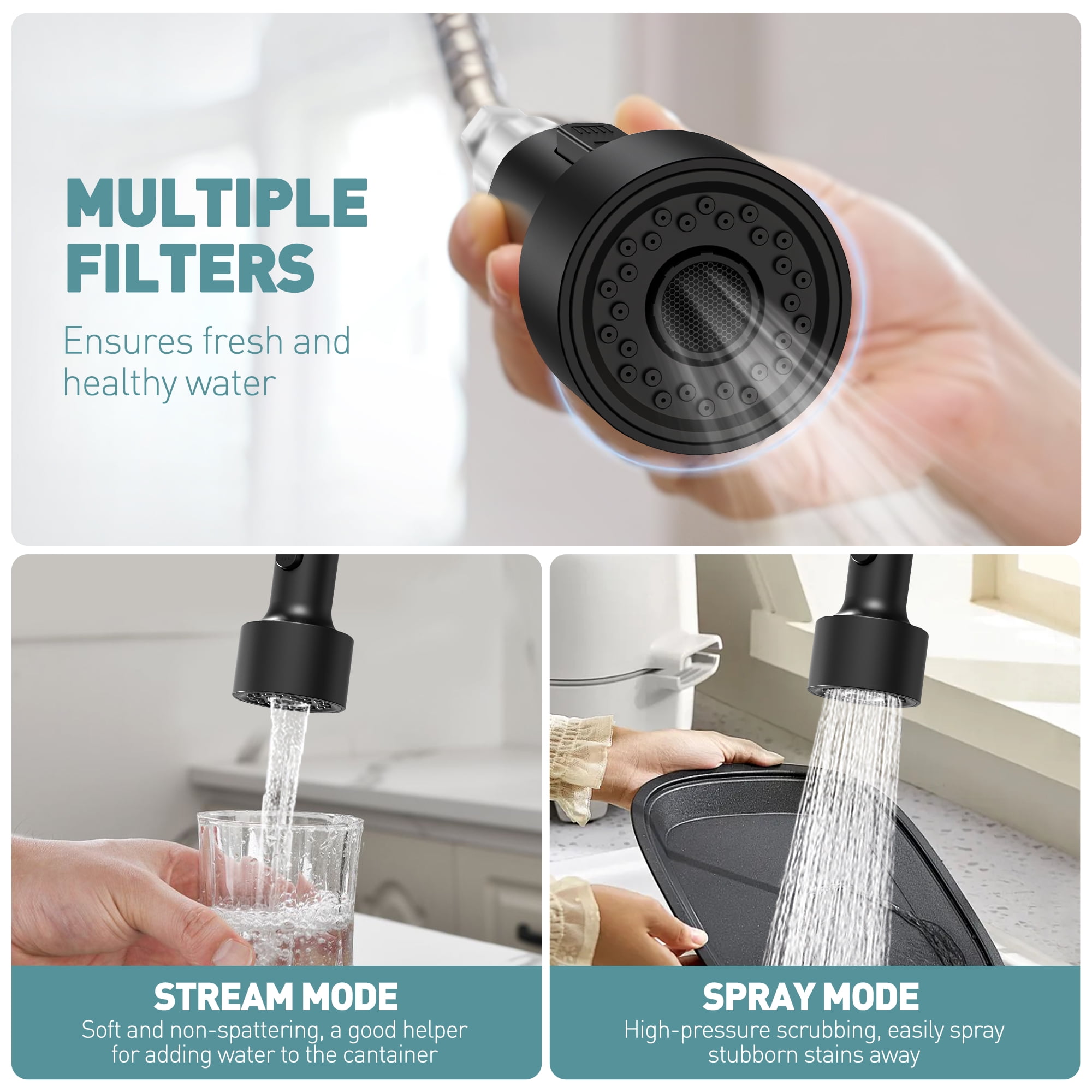 GPED Kitchen Faucet, Kitchen Sink Faucet with Soap Dispenser & Pull Down Sprayer, SUS304 Stainless Steel, Commercial Single Handle Kitchen Faucet with Deck Plate for Laundry Utility Rv,Matte Black