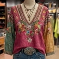 thumbnail image 4 of MEICHEN Women's Casual Retro V Neck Top Flower Embroidered Long Sleeve Top Summer T Shirts for Women, 4 of 6