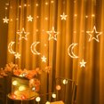 thumbnail image 1 of Cortina de luz con forma de luna y estrellas, cadena de luces para ventana, control remoto, iluminación impermeable, color blanco cálido, 1 of 5