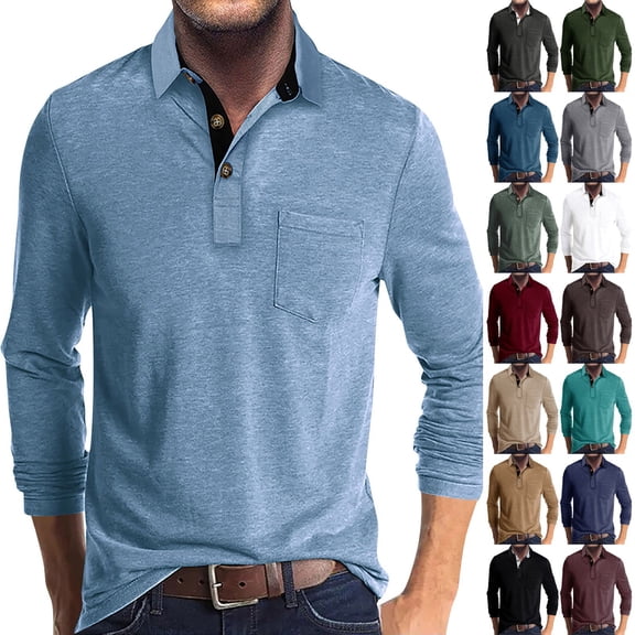 Mens Long Sleeve Polo Shirts Casual Fashion Button Up Collared Golf T Shirts with Pocket XL