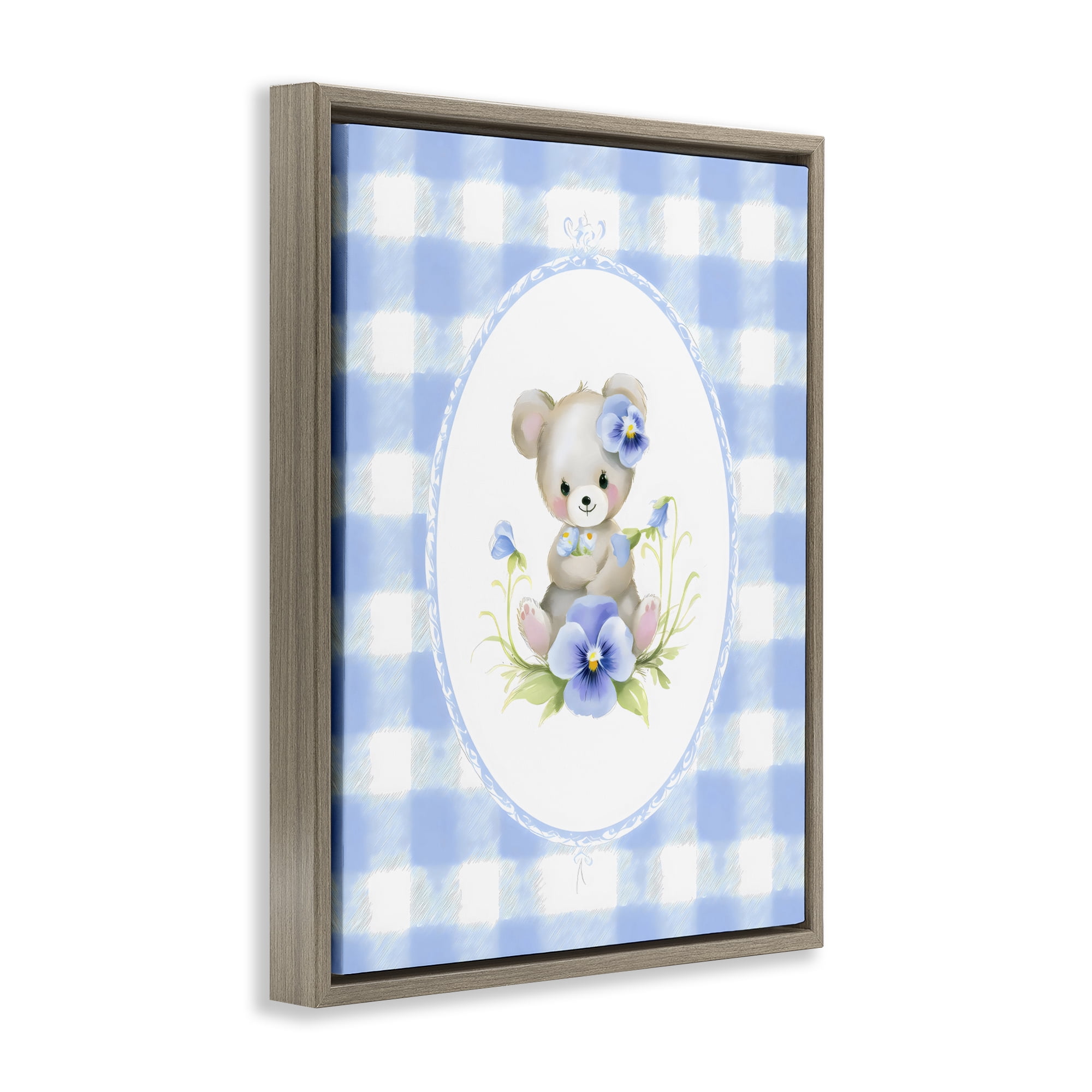 Stupell Industries Little Bear Blue Gingham Brown Framed Floater Canvas Wall Art, design by Arlington Prints
