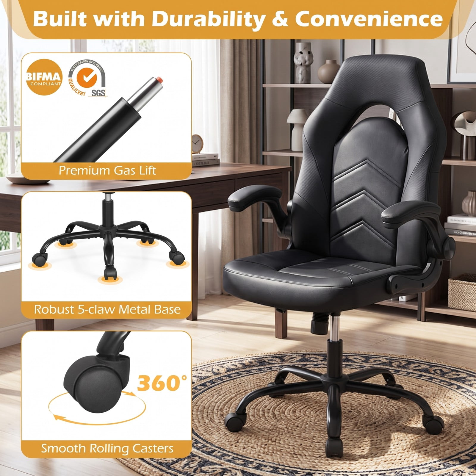 Furnibear Ergonomic Leather Office Chair, High Back Executive Computer Desk Chair with Flip-up Armrests, Adjustable Height Swivel Task Chair, Rolling Rocking, Black
