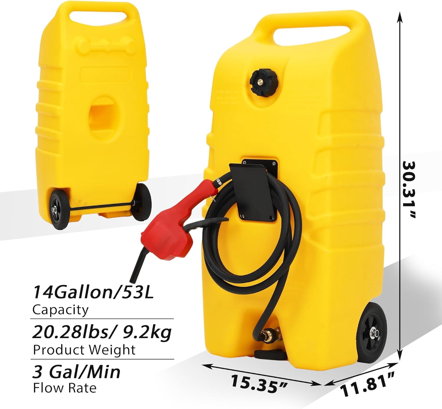 14 Gallon Portable Fuel Tank with Wheels, Red Gas Caddy with Manual Siphon Pump & 10FT Hose, T-Handle for Easy Carry, Included for Cars, ATVs, Boats, Generators - Yellow