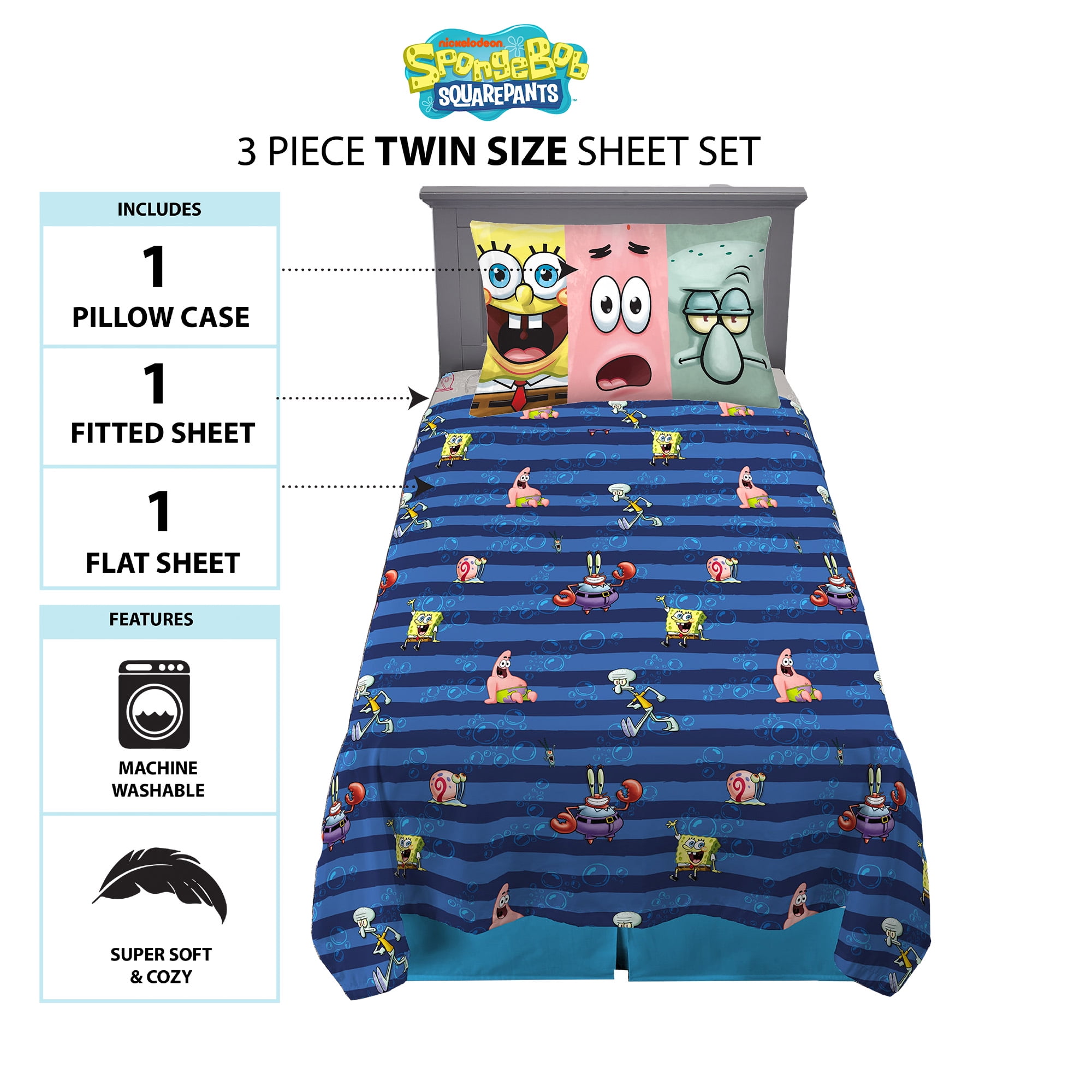 Nickelodeon Spongebob Squarepants 3 pc Full Set Flat Fitted & Pillowcase 