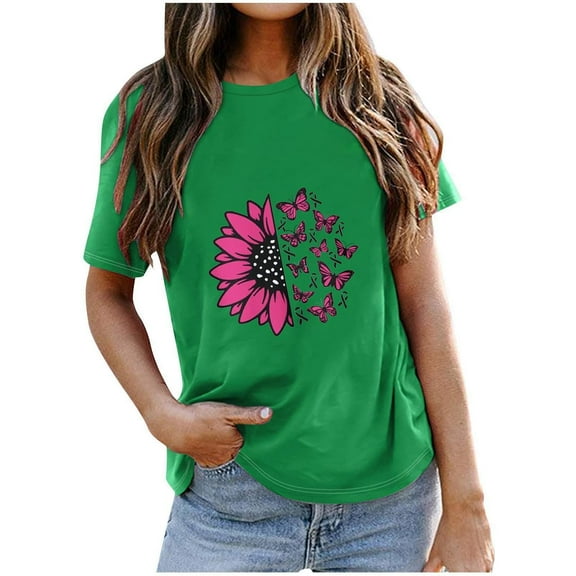 VKOYWKM Breast Cancer Awareness Tshirts Women Inspirational Short Sleeve Tops Pink Ribbon Graphic T Shirts Fight Cancer Shirts Casual Crew Neck Cancer Breast Cancer T-Shirts