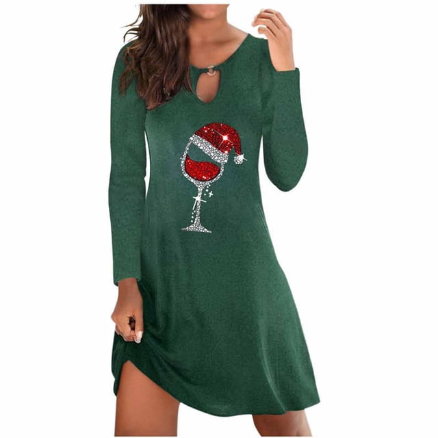 CEHVOM Robe Longue de Noël Aguichant pour Femmes avec Imprimé Verre de Vin