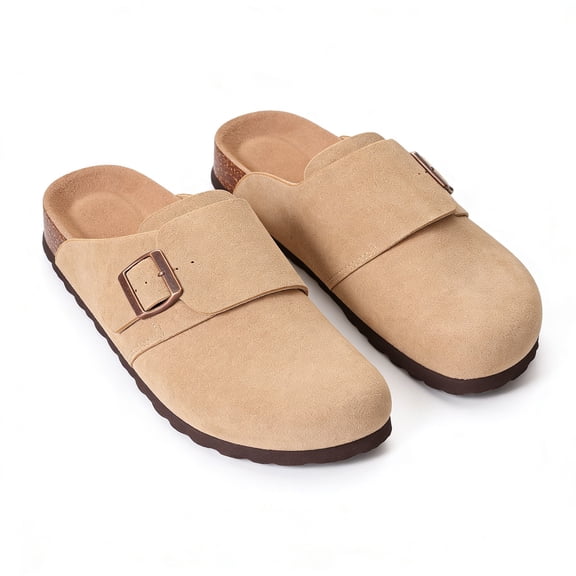 Litfun Suede Clogs for Women Cork Footbed Sandals Arch Support Potato Shoes with Adjustable Buckle, Taupe