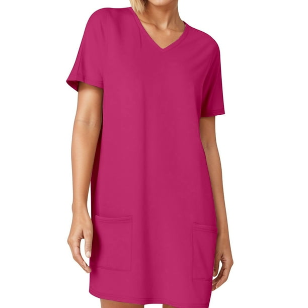 Vestido informal holgado de manga corta con estampado y bolsillos, cuello en V: estampado elegante, bolsillos funcionales, corte holgado.