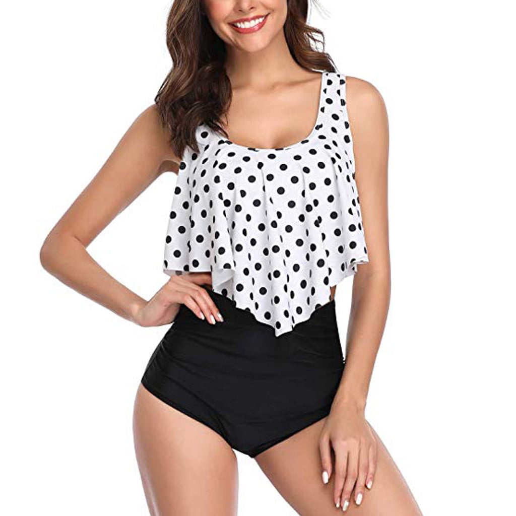 Women Two Pieces Bathing Suits Top Ruffled With High Waisted Bottom