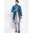 thumbnail image 1 of eloria Men's Indian Traditional Grey&nbsp;& Blue Layered Silk Blend Kurta with Churidar Pyjama and jacket Set, 1 of 7