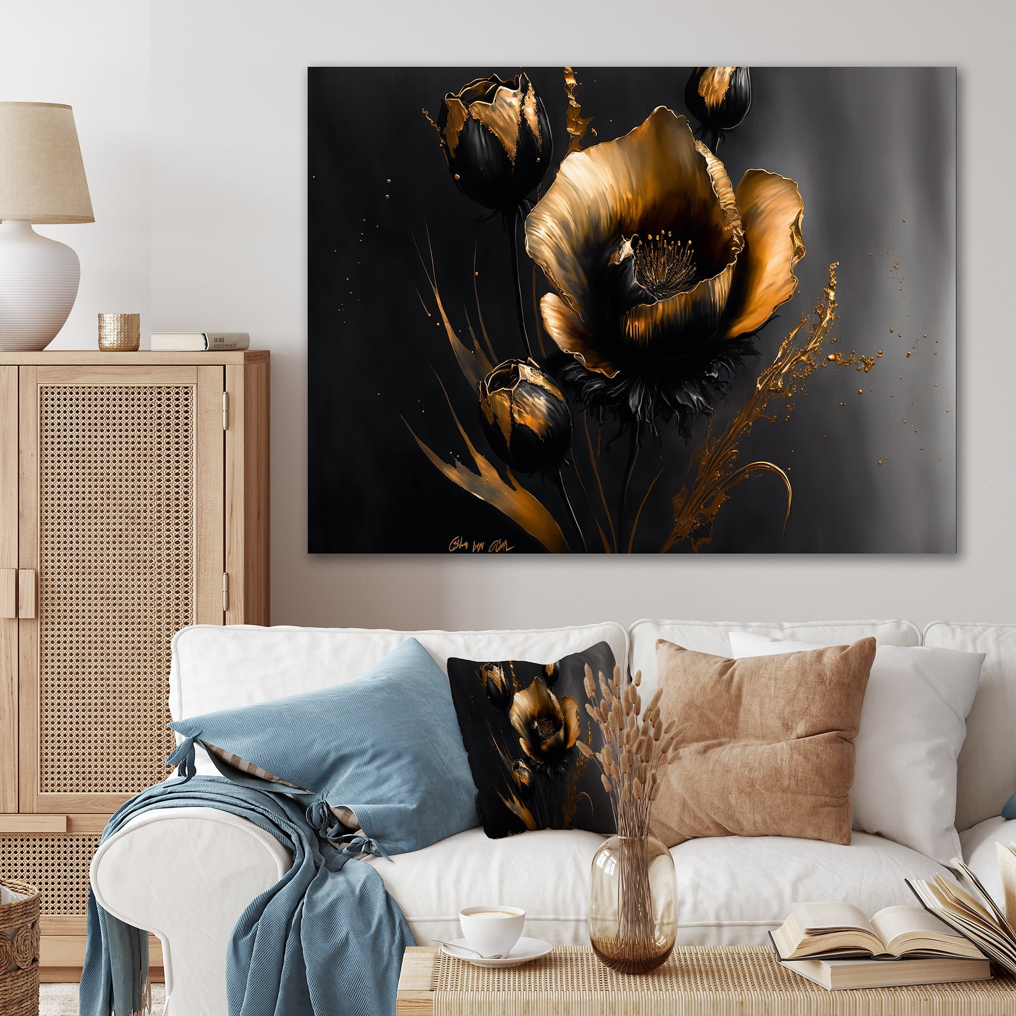 Designart Black And Gold Crocus Floral Design I Canvas Wall Art