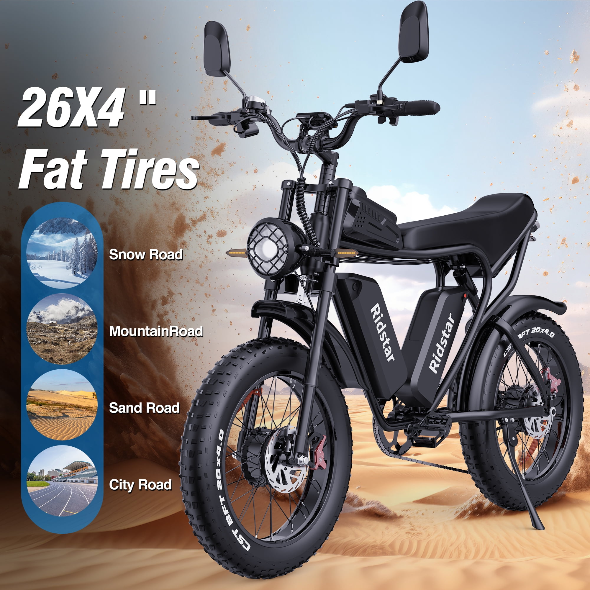 Ridstar Dual Motor 2000W 52V 40Ah Removable Battery Mountain BikeMtb Electric Bike for Adults 20" Fat Tire Electric Motorcycle,Full Suspension Electric Bicycle UL2849