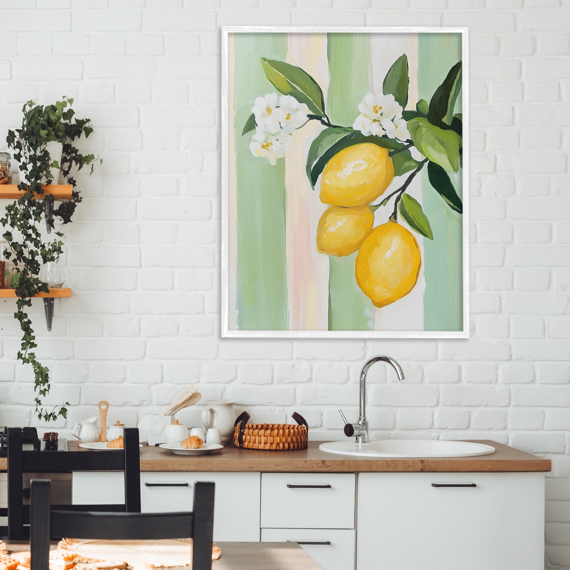 Stupell Industries Lemons & Flowers on Stripes White Framed Giclee Art, design by The Prints Vibe