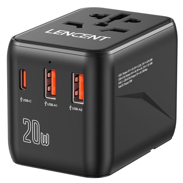 LENCENT Adaptador de Viaje Universal, Cargador Internacional PD20W con 2 Puertos USB y Carga Rápida