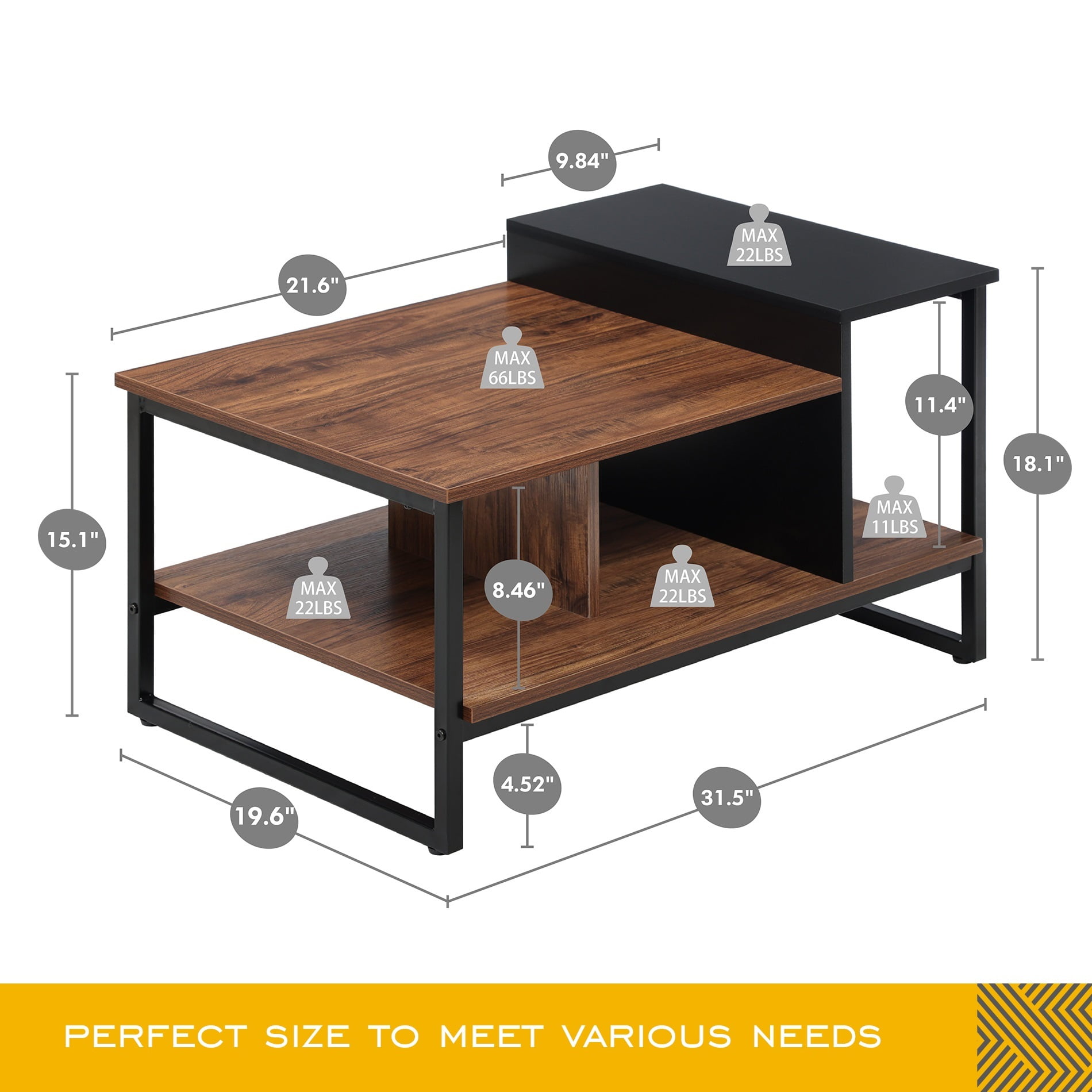 Hommoi Modern Wood and Metal Coffee Table with Storage, Black/Brown