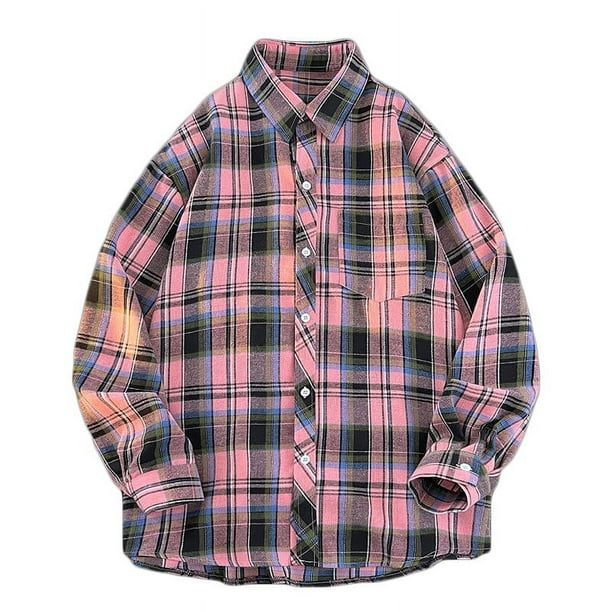 Blusa y camisa de manga larga con cuello vuelto para hombre, estilo informal, a cuadros, con bolsillos y botones, de licra