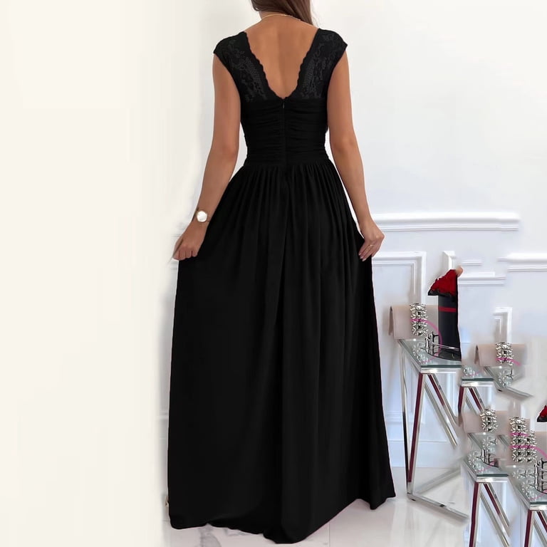 YWDJ Dresses for Women 2023 Wedding Guest Semi Formal Dresses Summer Casual Lace Sleeveless V Neck Fashion Solid V Nevk Split Pachwork for Wedding Guest Evening Party Graduation Birthday Tea Party