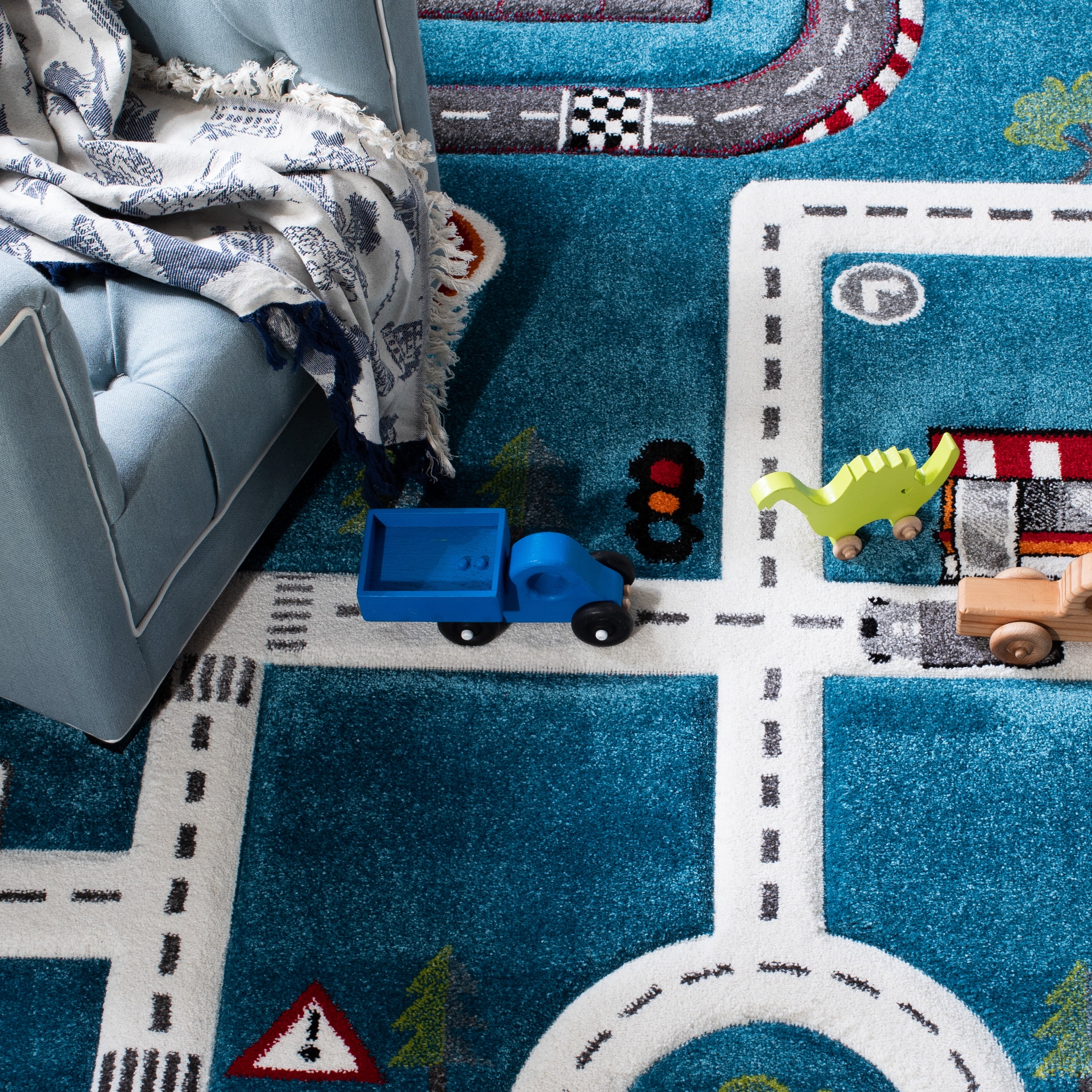 SAFAVIEH Carousel Kids Devan Train Track Area Rug, Turquoise/Ivory, 3' x 3' Square
