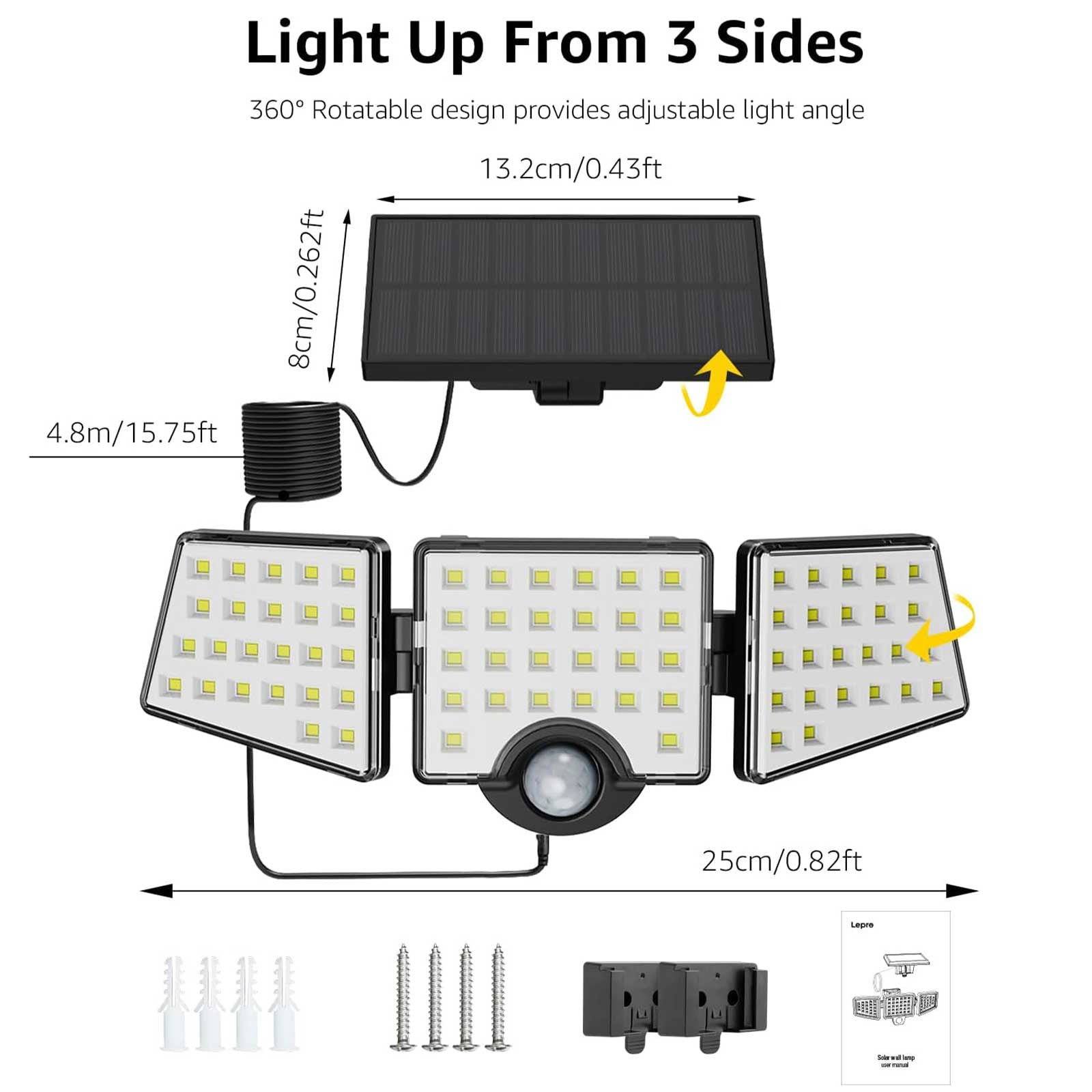 Lepro Solar Lights for Outside, WL5000 Motion Activated Security Lights, Separate Solar Panel, 3 Adjustable Head 270° Wide Lighting Angle, IP65 Waterproof Wall Lamp for Porch Yard Garage