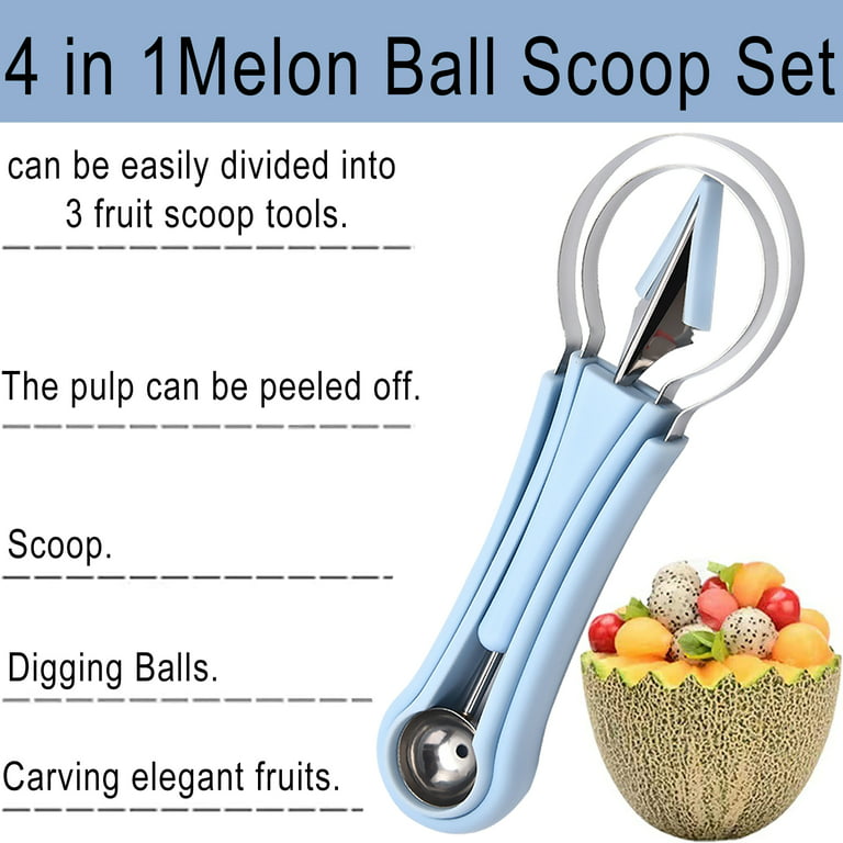 MEKBOK Melon Baller Scoop Set,Professional 4 In 1 Stainless Steel Fruit  Carving Tools Knife Kit,Fruit Scooper Seed Remover Watermelon Knife for Ice  Cream Melon,Dig Pulp Separator Fruit Slicer(Blue) 