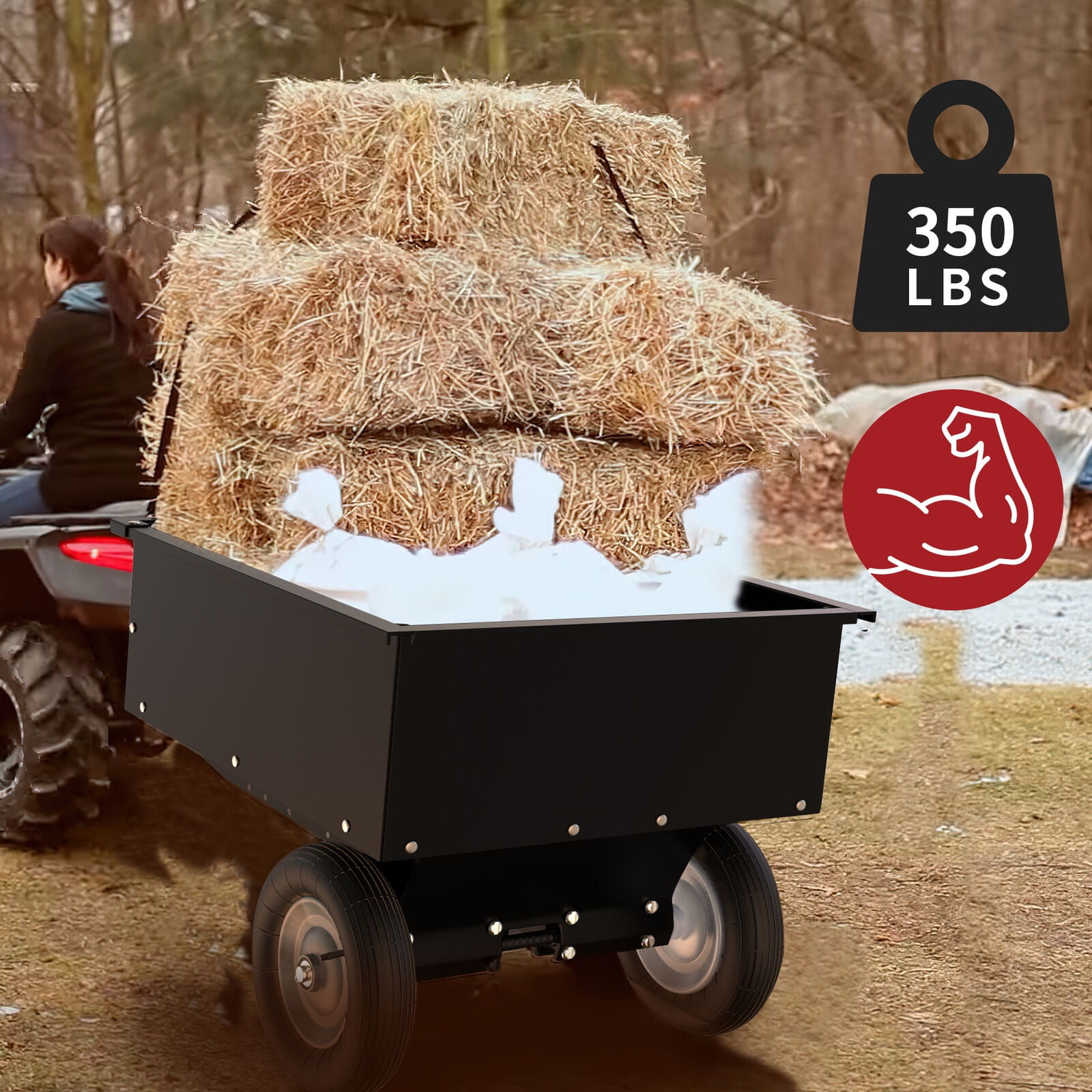 RVNI 350LB Capacity Dump Cart Trailer Tow Behind Lawn Steel for Lawn Tractor & ATV UTV With Wheels Black