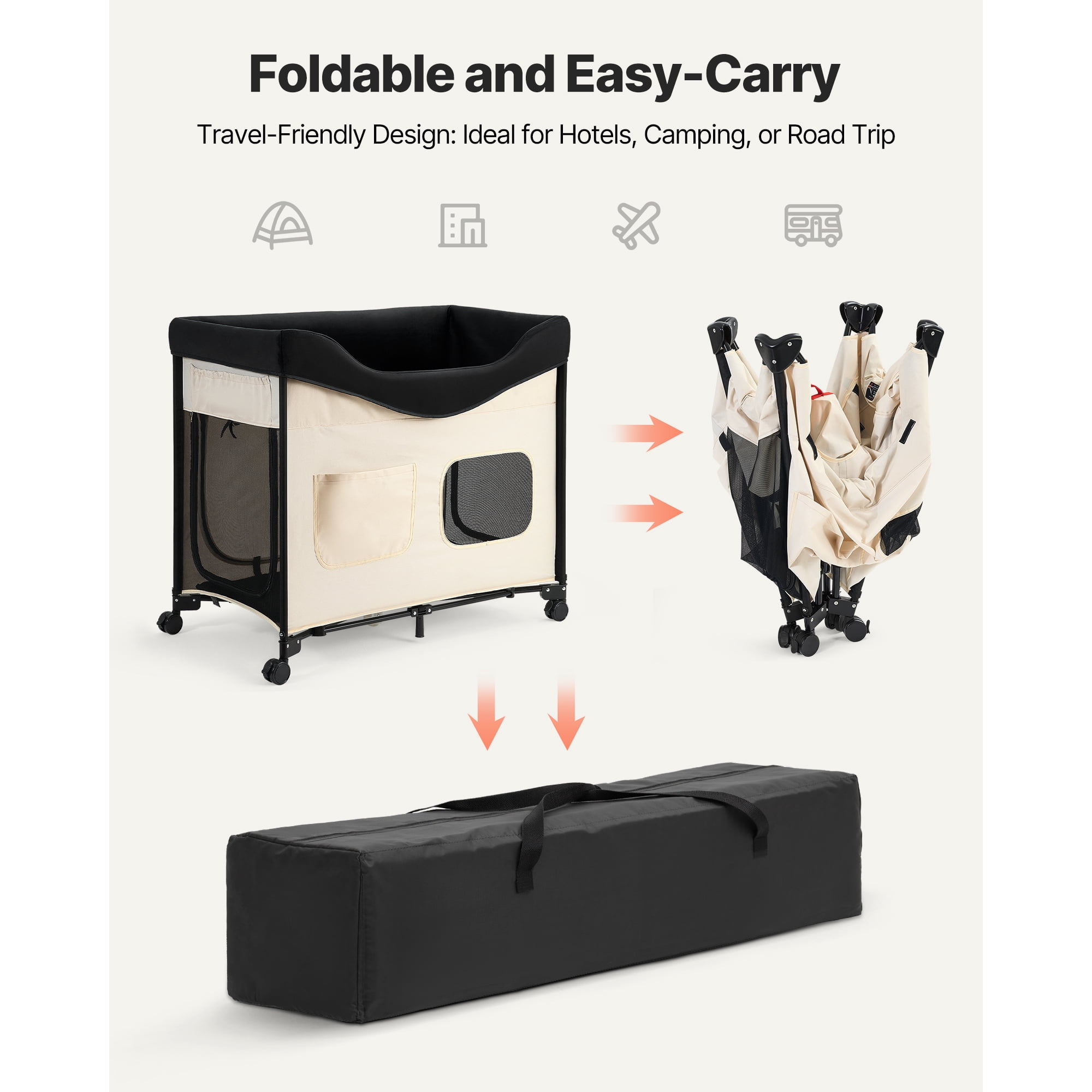 KFFKFF Double-Layer Pet Bed with Wheels, Foldable Dog Bed with Durable Oxford Cloth, Soft Velvet, Side Storage Pockets, and Storage Bag,34" X 22"