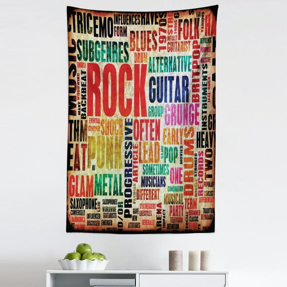 Retro Tapestry, Retro Rock Roll Lettering Grunge Distressed Colors Back then Sound Music Theme, Fabric Wall Hanging Decor for Bedroom Living Room Dorm, 5 Sizes, Multicolor, by Ambesonne