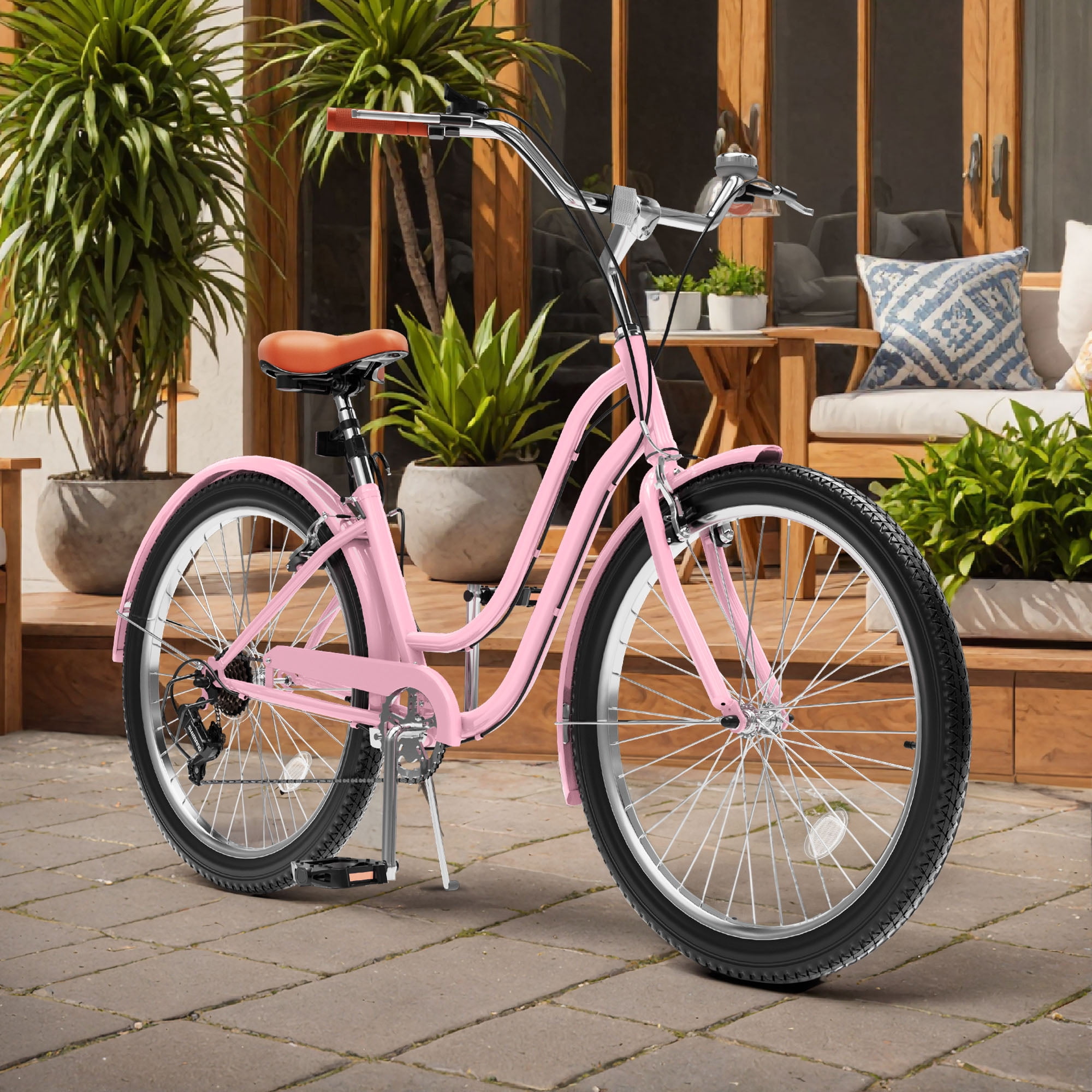Uforic 26 Inch Beach Cruiser Bike, 7-Speed, Step-Through Bicycle for Men & Women, Steel Frame, Pink