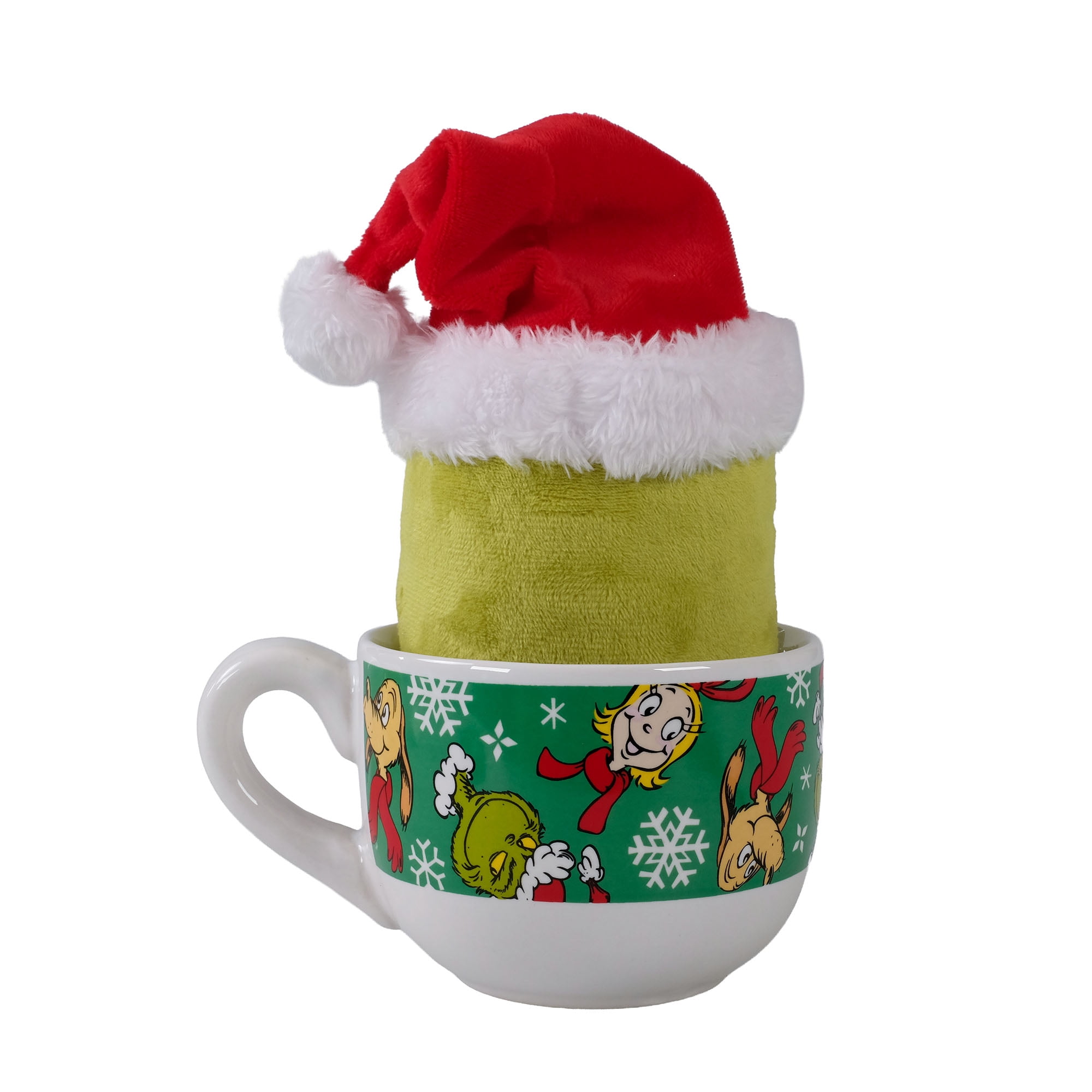 Dr. Seuss The Grinch Marshmallow Plush in Holiday Cappuccino Mug – Festive Green Mug with Character Artwork
