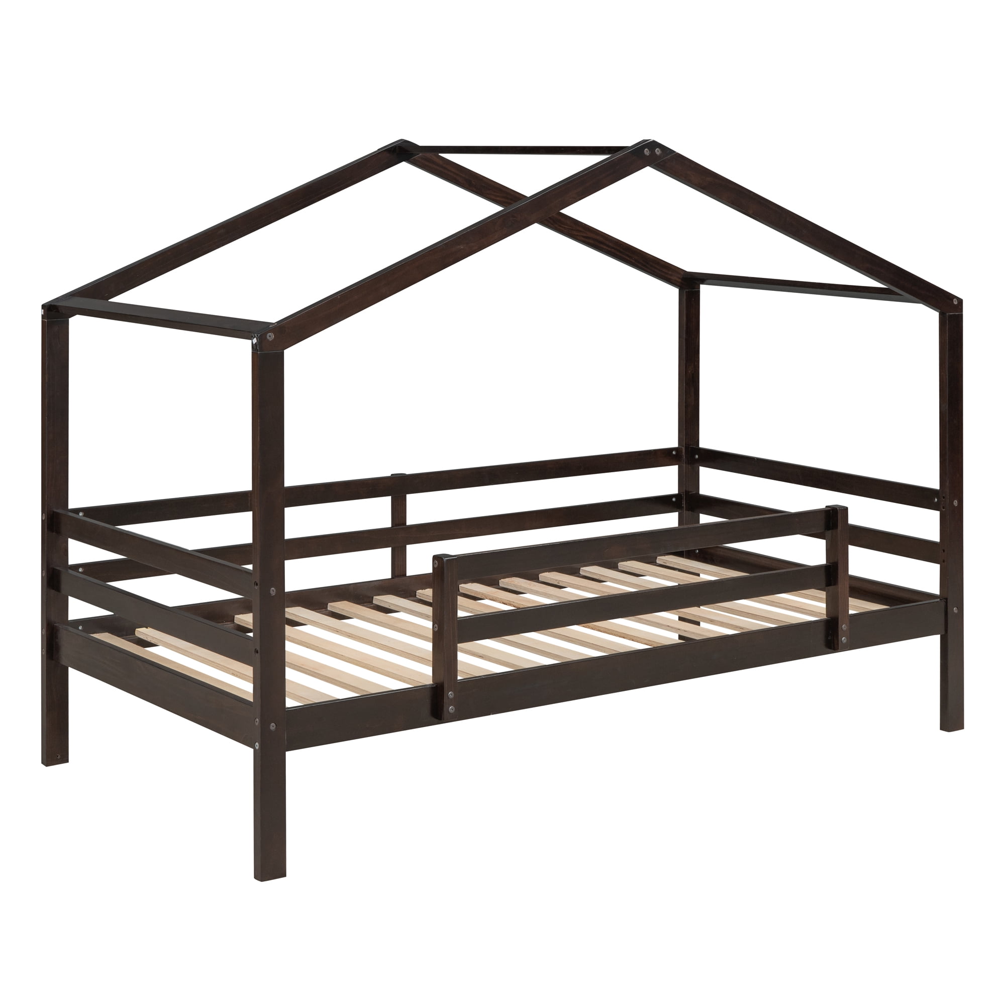 Euroco Twin over Twin House Bunk Bed with Slide, Convertible 2 Beds in One for Kids Bedroom, Espresso