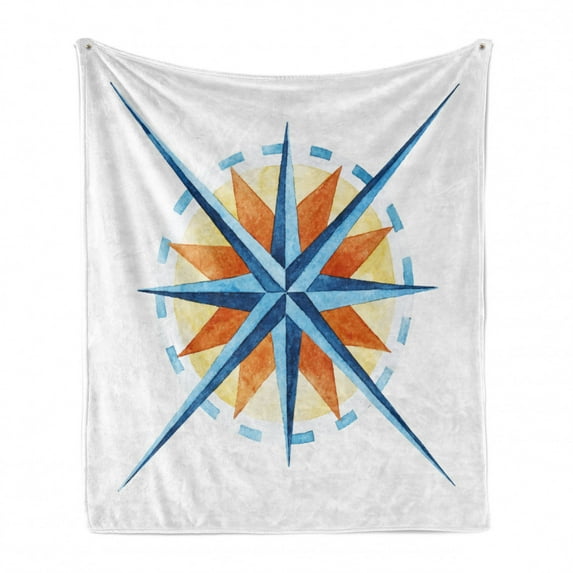 Compass Soft Flannel Fleece Blanket, Watercolor Directions North South East West Windrose Pathfinding Work of Art, Cozy Plush for Indoor and Outdoor Use, 70" x 90", Burnt Sienna Blue, by Ambesonne