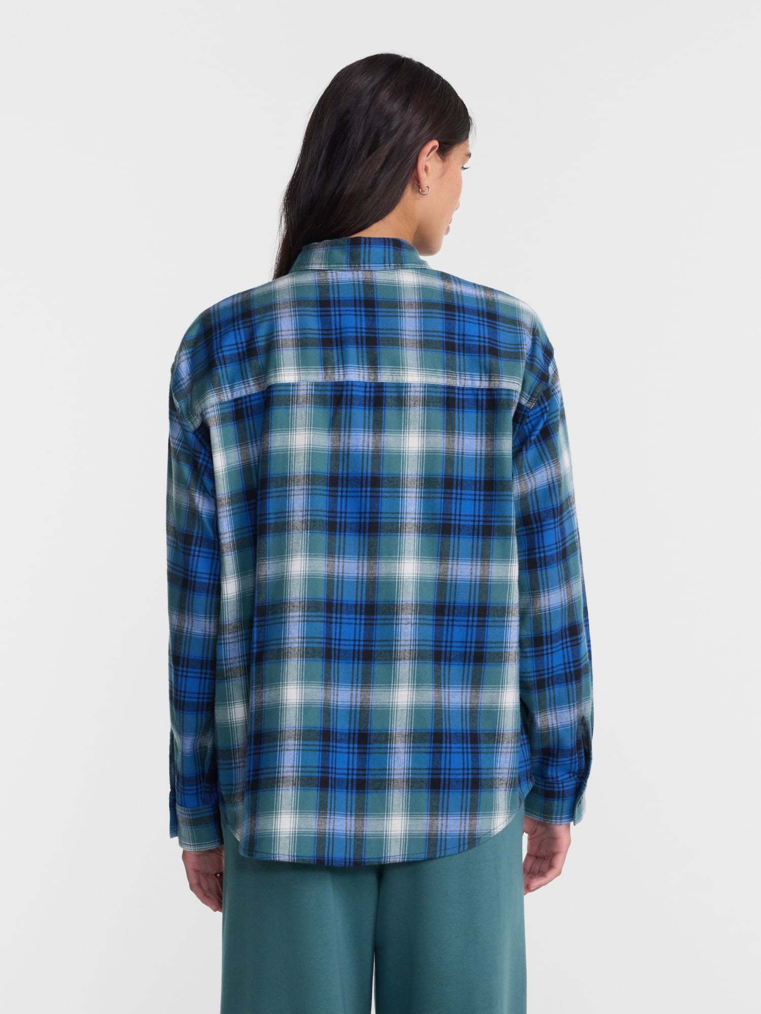 No Boundaries Plaid Flannel Shirt with Long Sleeves, Women's XXS-XXL