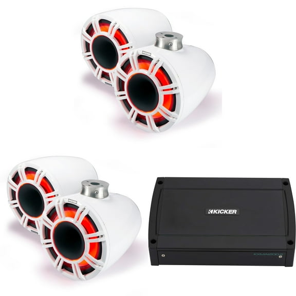 Kicker (2 Pair ) 47KMFC11W 11" White Horn-Loaded Tower Speakers & 1200 Watt Marine Amp with Flat-Mount Tower Adapters