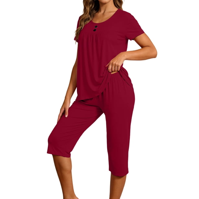 Women's Capri Pajama Sets Short Sleeve Two-Piece Pjs Scoop Neck Pleated Tops & Capris Lounge Sets