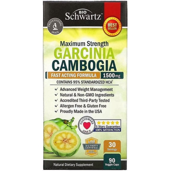 BioSchwartz Garcinia Cambogia Dietary Supplement Capsules, 1500mg, 60% HCA, with Potassium, Calcium & Chromium, 90 Count
