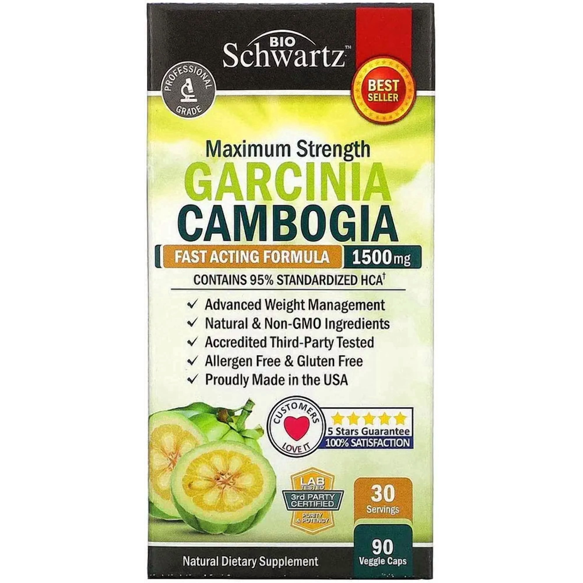 BioSchwartz Garcinia Cambogia Dietary Supplement Capsules, 1500mg, 60% HCA, with Potassium, Calcium & Chromium, 90 Count