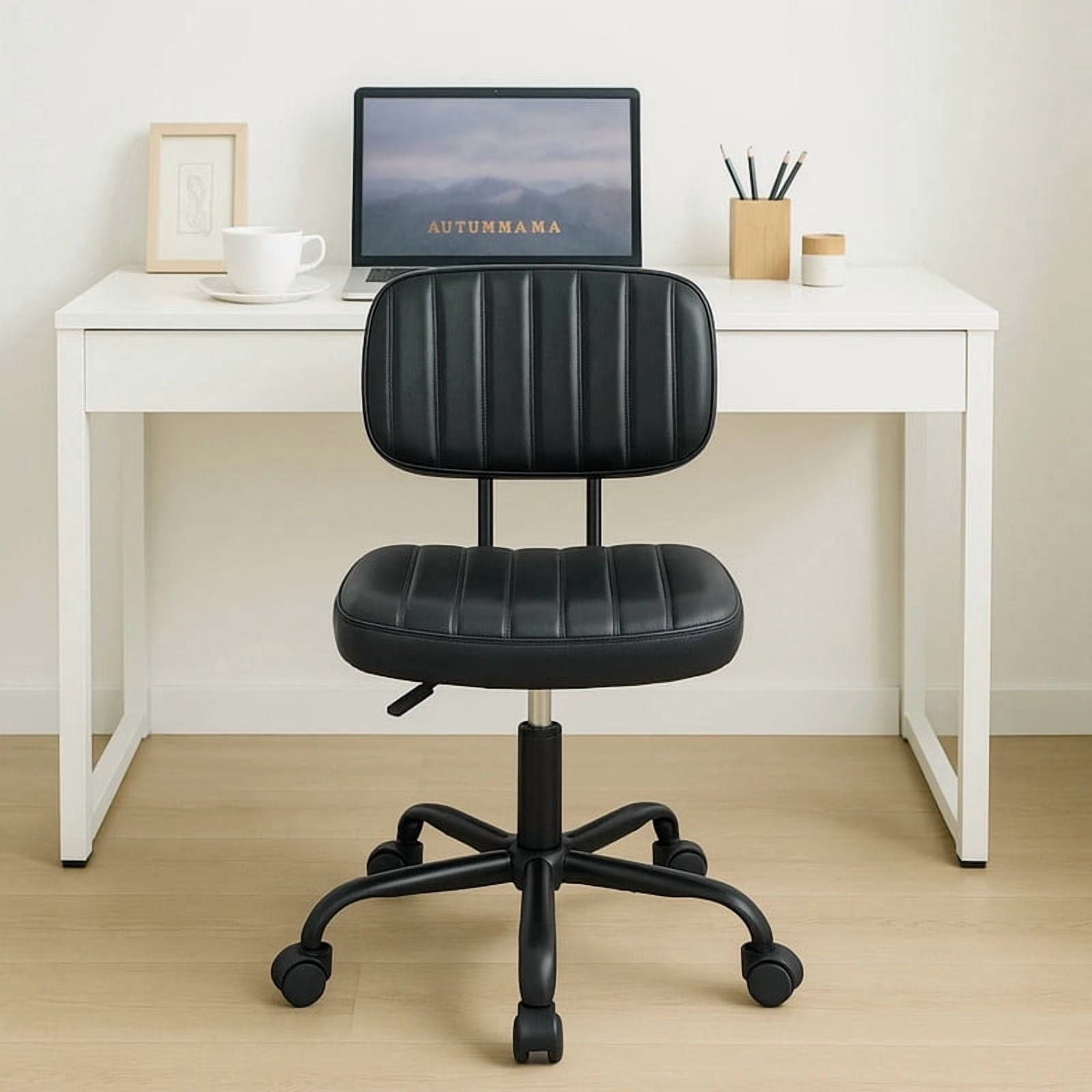 Kelno Armless Desk Chair Height Adjustable Swivel Rolling PU Leather Task Chair with Lumbar Support, Black