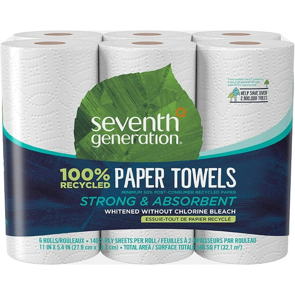 Seventh Generation Paper Towels, 100% Recycled Paper, 2-ply, 6 Rolls (Packaging May Vary)