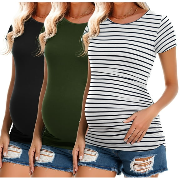 Women's Short Sleeve Maternity Shirt Side Ruched Pregnancy Tunic T-Shirt 3-Pack