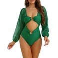 thumbnail image 1 of Bikini de una pieza con escote en V y anillo recortado para mujer, con mangas largas, control de abdomen, traje de baño de malla, color verde, tamaño mediano, 1 of 5