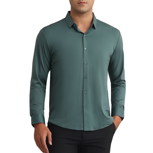 CAMISA DE NEGOCIO FORMAL DE MANGA LARGA PARA HOMBRE INSPIRE CHIC, DE BOTONES, COLOR SÓLIDO, TAMAÑO M, VERDE