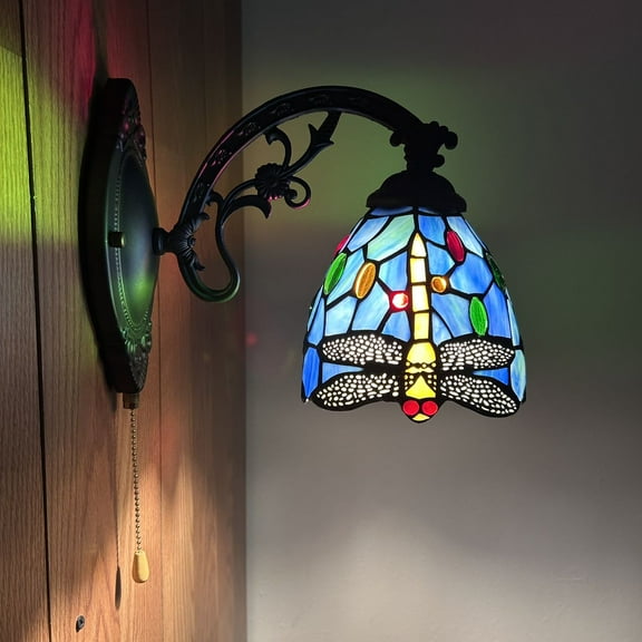 Tiffany Style Sconce Lamp Blue Stained Glass Dragonfly LED Bulb Included 6"W*11"D*9"H