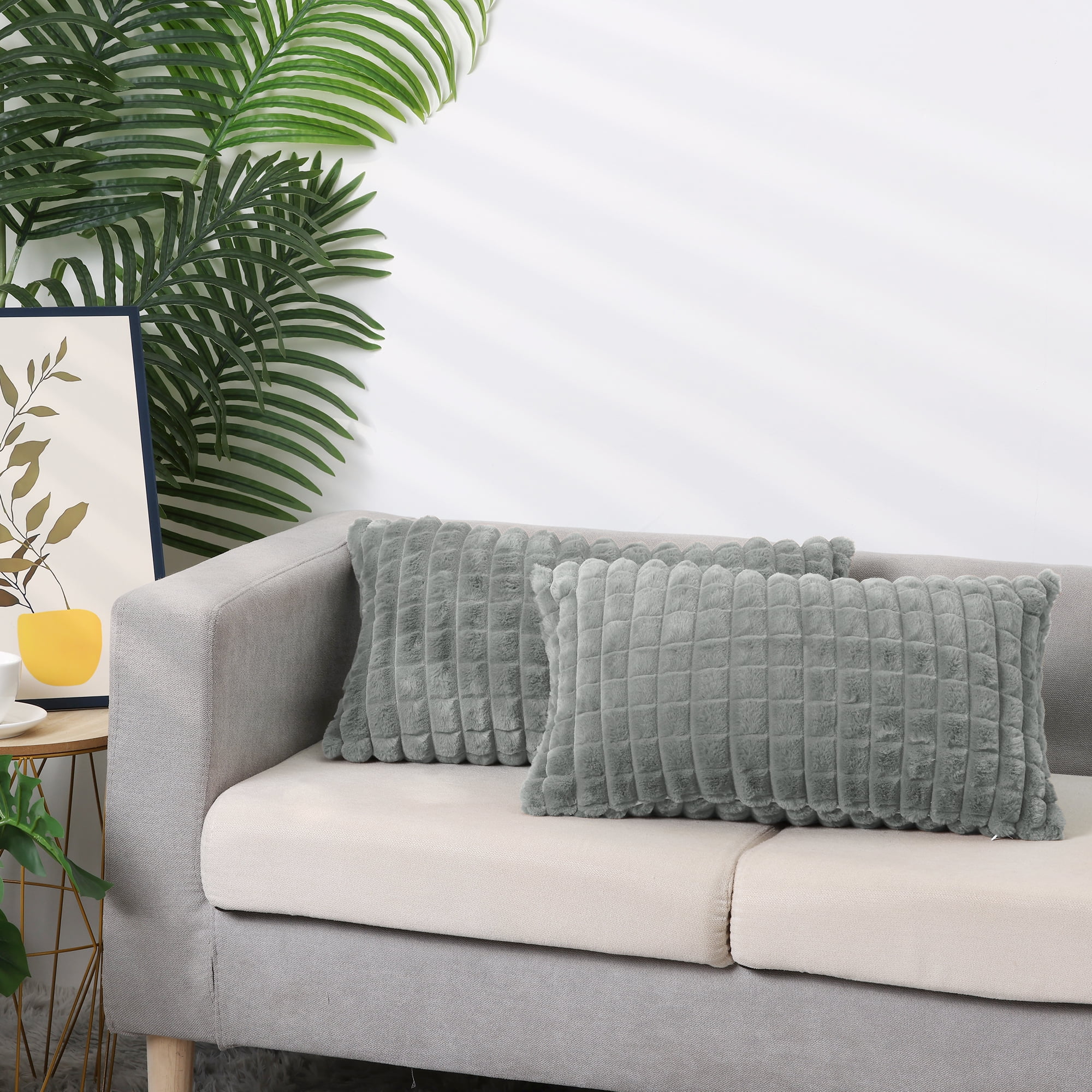 Unique Bargains Checkered Faux Fur Plush Throw Pillow Covers Decorative Pillowcases 2 Pcs Grey 12" x 20"
