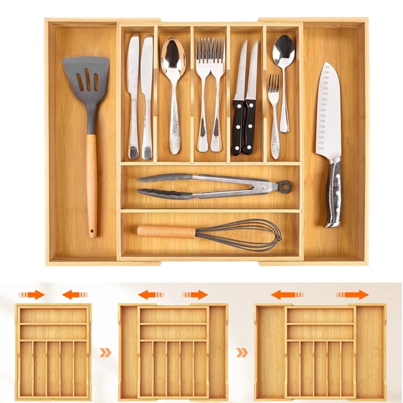 Ruspela Expandable Bamboo Drawer Organizer 9-Slot Extra Wide Silverware Tray - Adjustable Kitchen Utensil Holder & Cutlery Divider for Deep Drawers (13"-20" Wide)