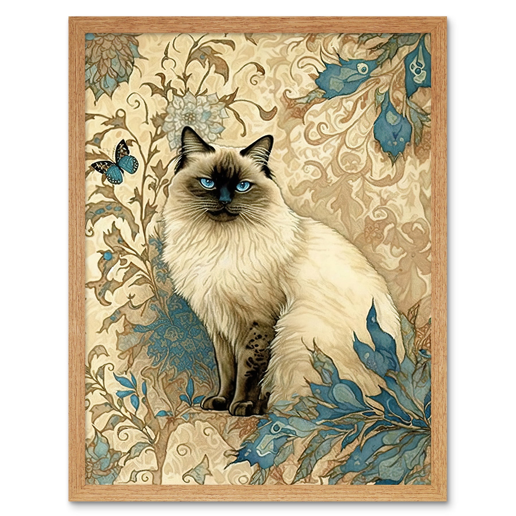 Blue Point Ragdoll Cat with Teal Plants Art Nouveau Watercolour
