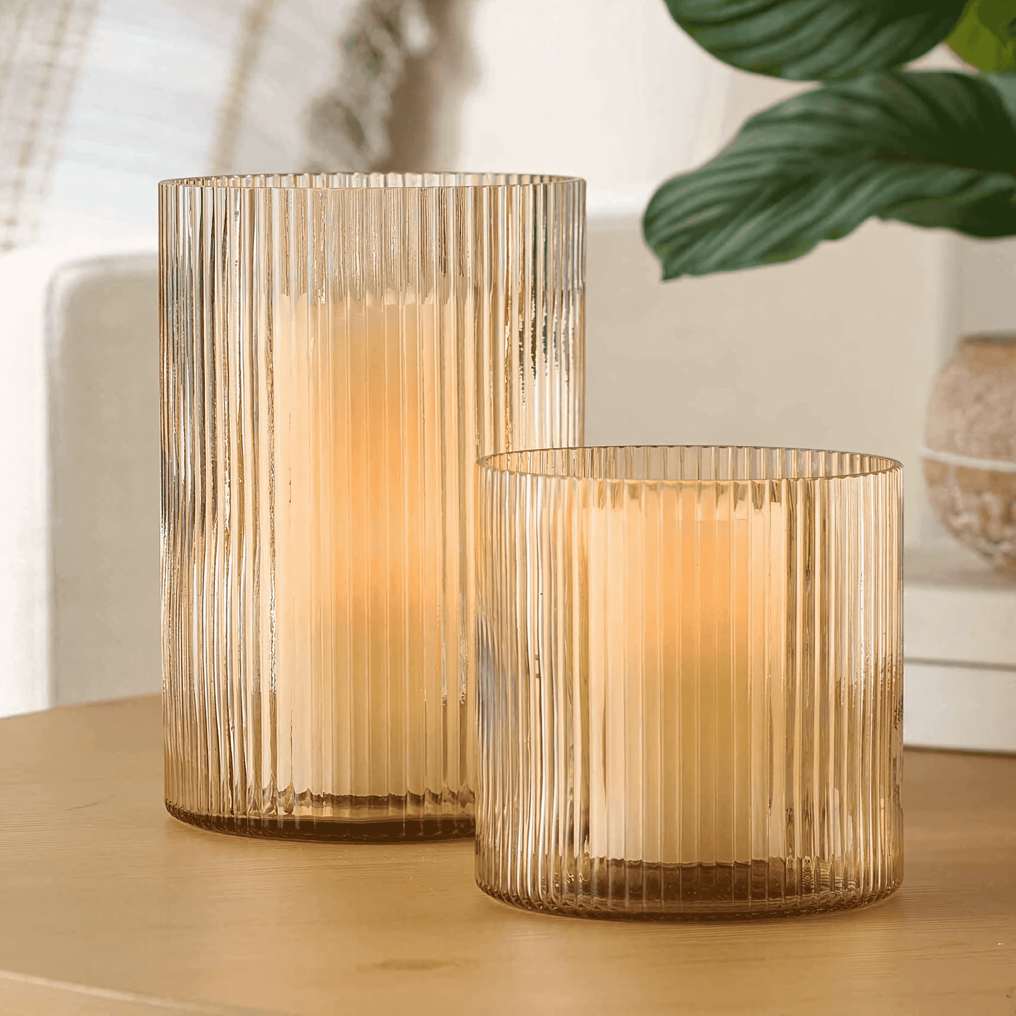 Better Homes & Gardens Amber Glass Ribbed Hurricane Candleholder, Medium, 5 in