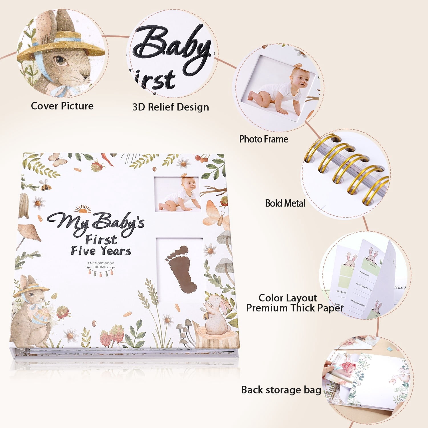 TJT Keepsake Baby Books for Newborn Baby Memory, First 5 Years Baby Memory Book Record Gift, 124 Pages Baby Album, Rabbit, Green