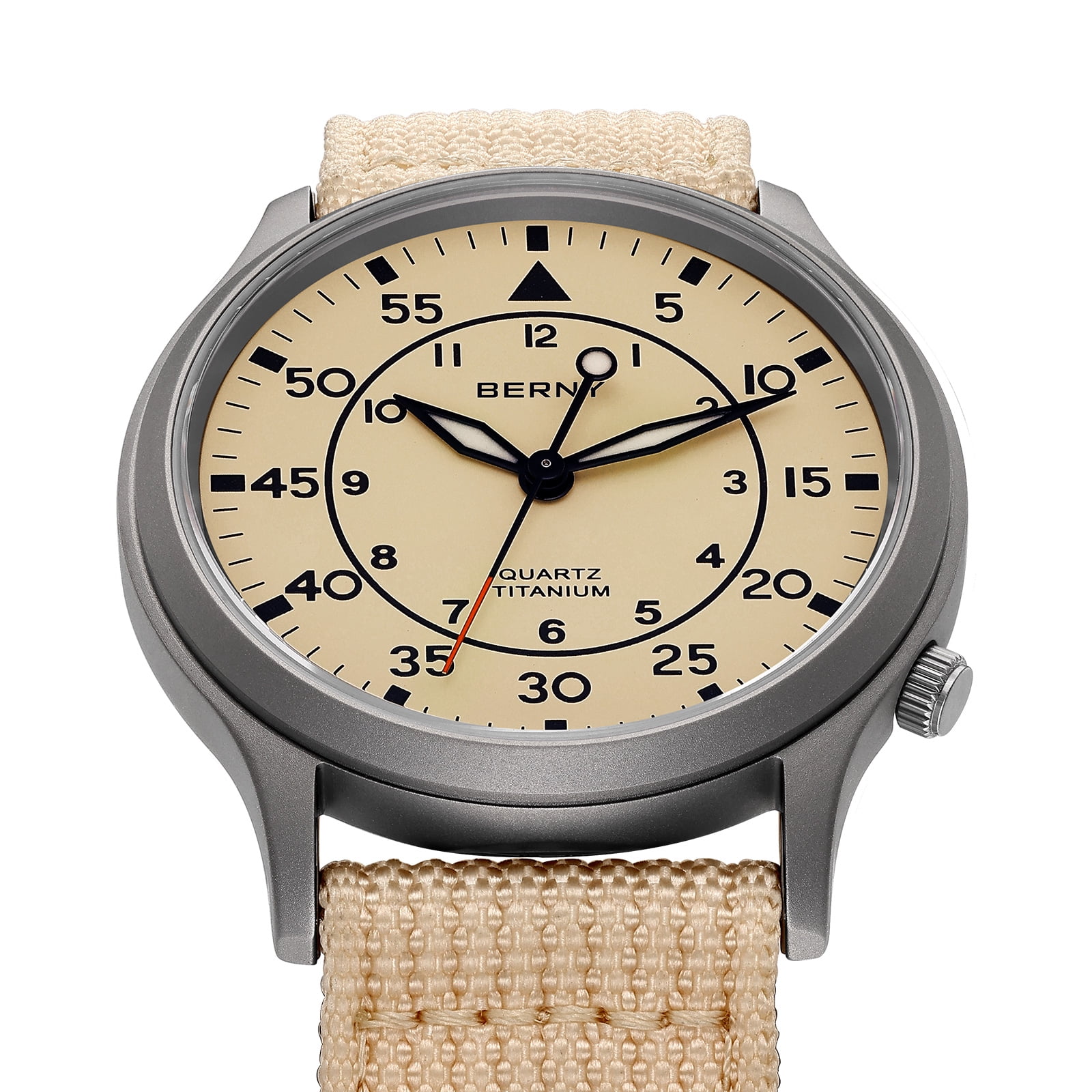 BERNY Titanium Watches for Men, Sport Military Men Watch with Canvas Strap, Japanese Quartz Movement, Super Luminous, Fashion Men's Field Watch, Casual 5ATM Waterproof Army Wristwatch, Beige